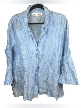 Caroline Rose Light Blue Silk Blend Blouse Crinkle Texture Button Down 2X